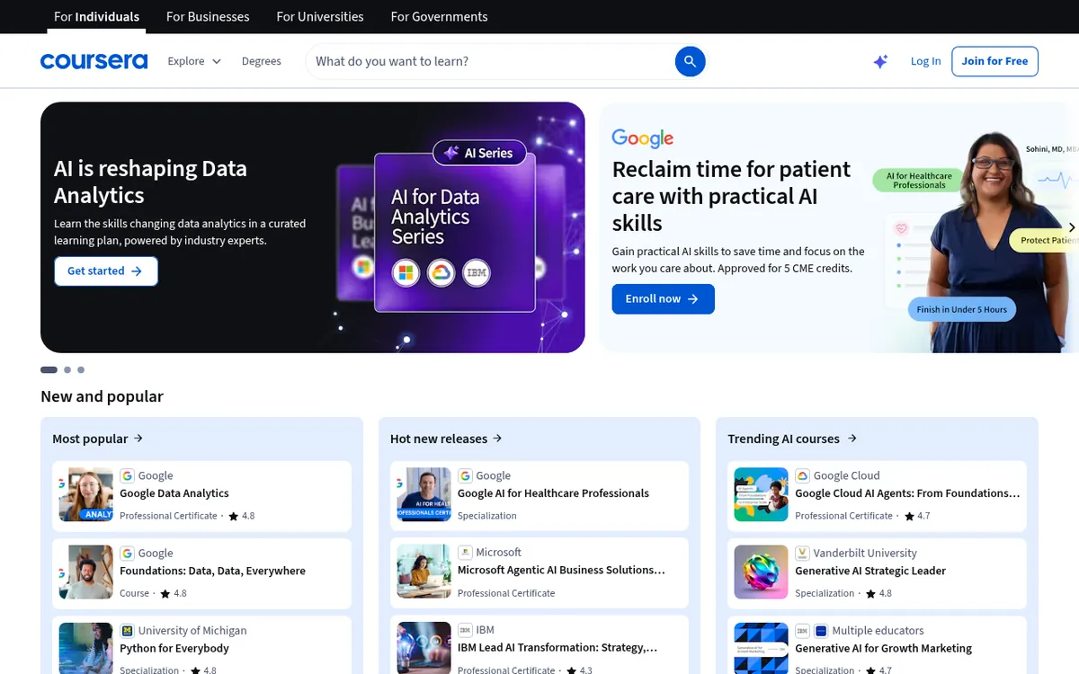 Screenshot of the public Coursera homepage in October 2026, showing its main navigation, search and featured content