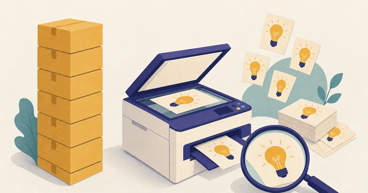 Abstract editorial illustration: a stack of identical generic boxes being copied by a photocopier, a magnifying glass, with ai side-hustle ideas as paper lightbulbs