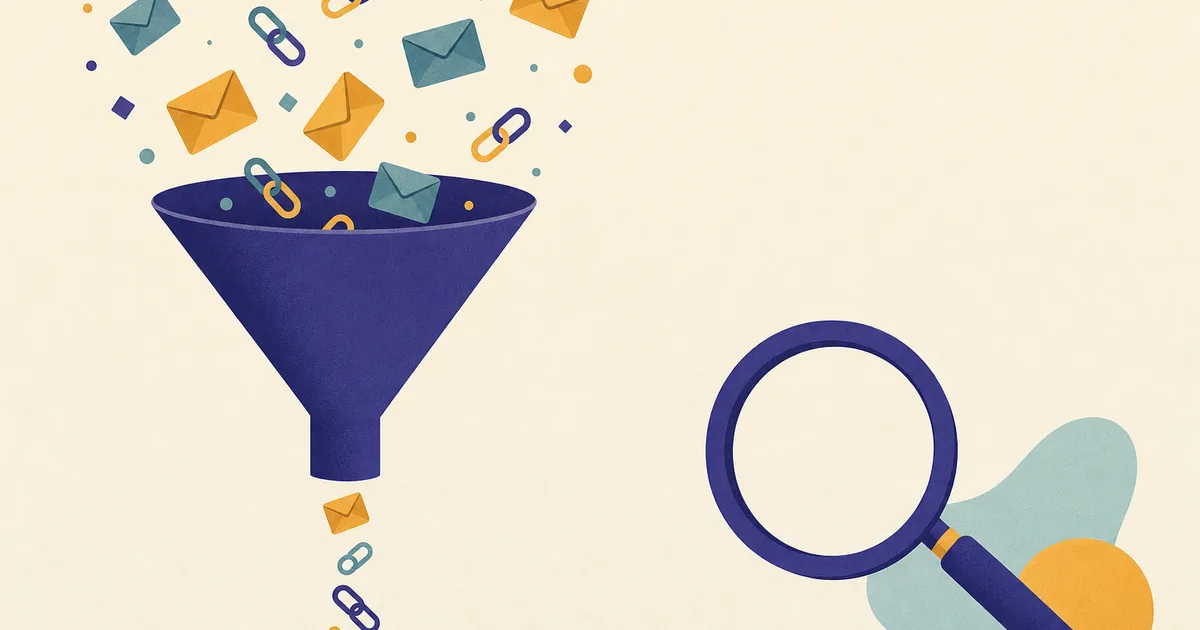 Abstract editorial illustration: a funnel shape with small envelopes and chain links flowing through it, a magnifying glass with an empty lens
