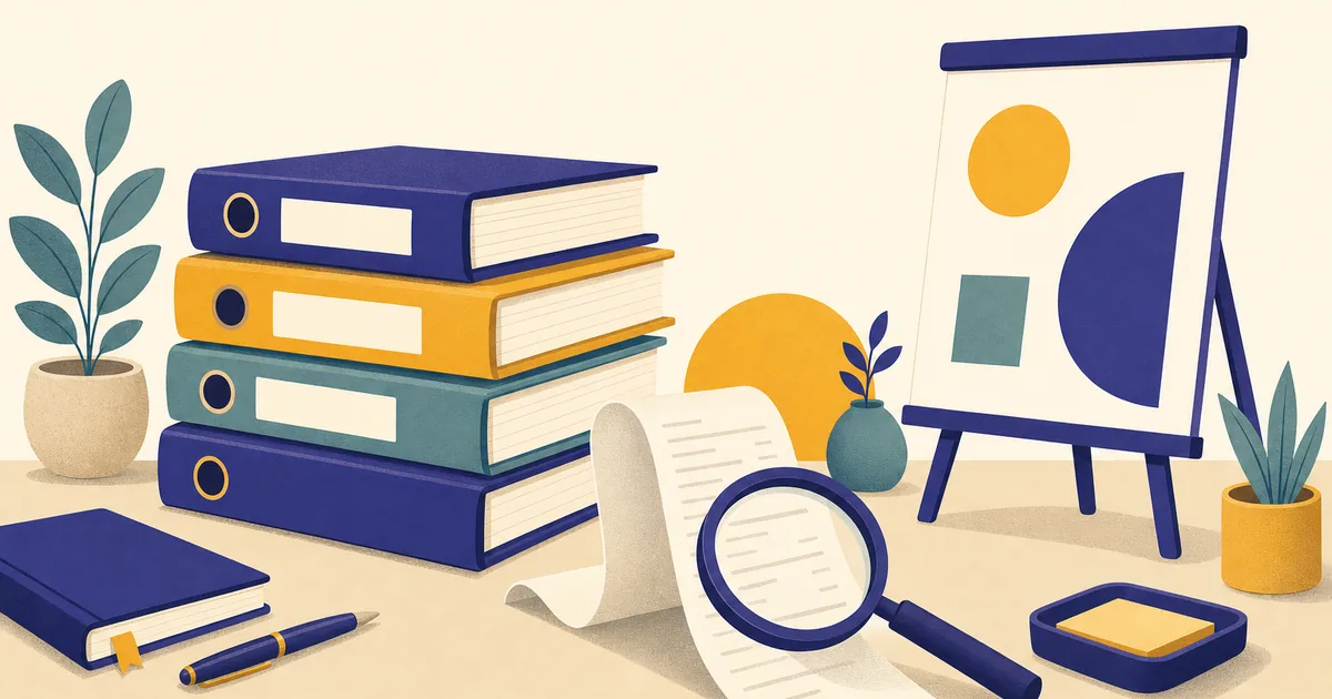 Abstract editorial illustration: a stack of course binders on a desk with a magnifying glass over a long receipt, with a webinar easel