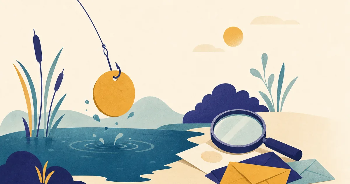Abstract editorial illustration: a fishing line hooking a paper coin shape out of a pond, with a magnifying glass nearby, with envelopes