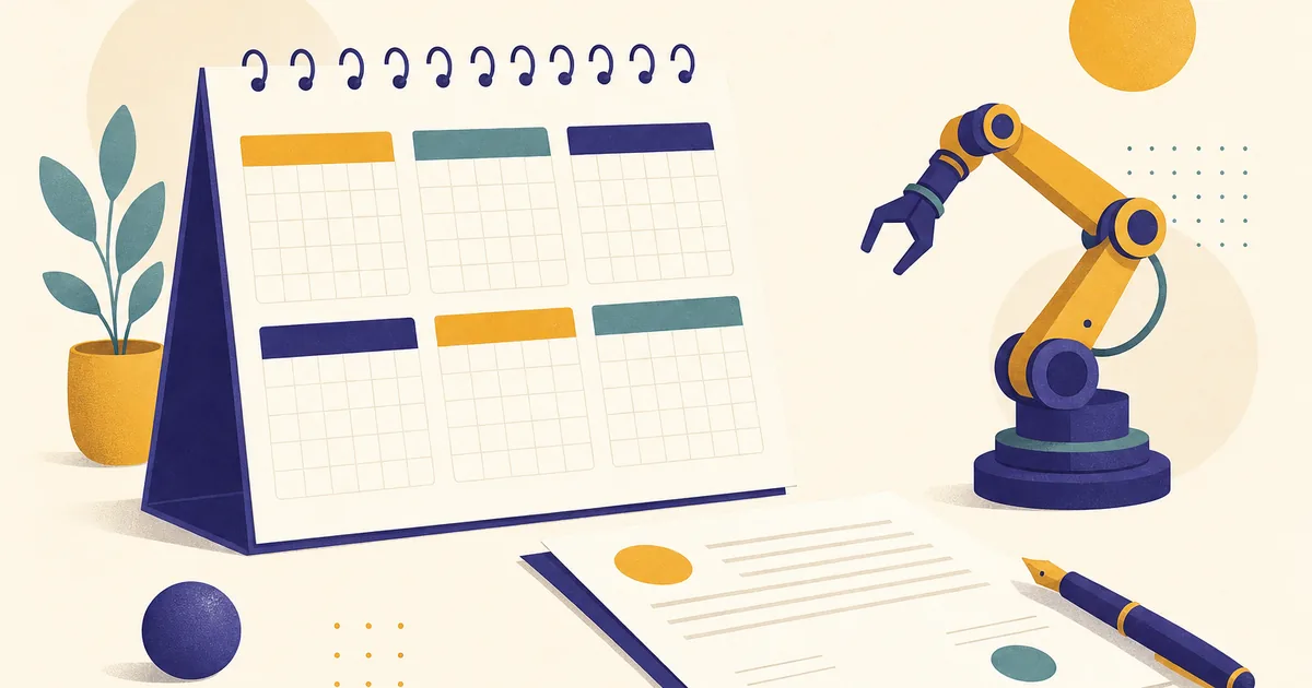 Abstract editorial illustration: a calendar page with six months marked, a small robot arm and a contract with a pen