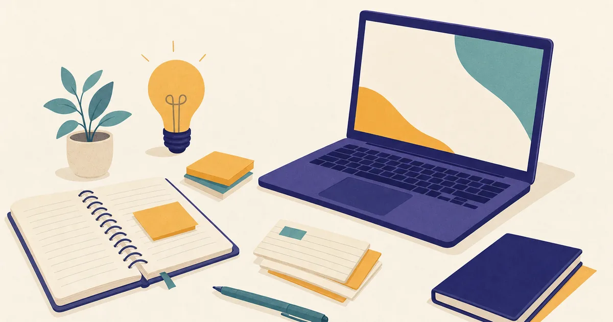 Abstract editorial illustration: hands-free scene of a notebook with sticky notes, flashcards and a lightbulb, an open laptop