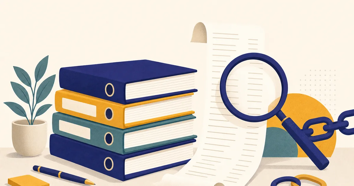 Abstract editorial illustration: a stack of course binders on a desk with a magnifying glass over a long receipt, with chain links