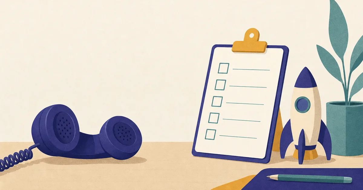 Abstract editorial illustration: a telephone handset, a checklist with five boxes and a small rocket on a desk