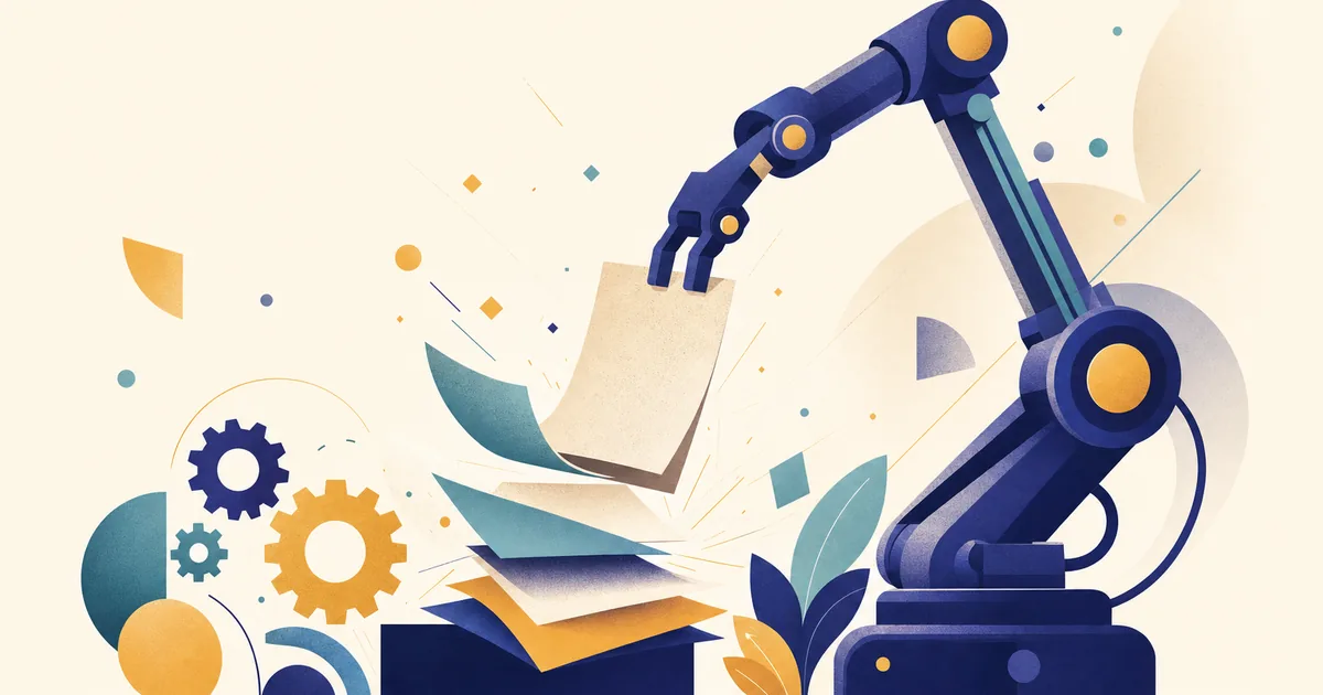Abstract editorial illustration: an abstract robot-arm shaped tool assembling paper pages, sparks of geometric light, with gears