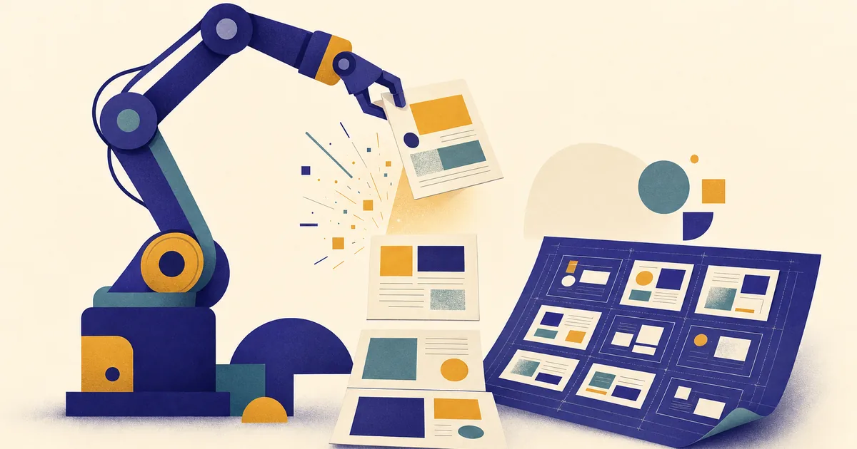 Abstract editorial illustration: an abstract robot-arm shaped tool assembling paper pages, sparks of geometric light, with a blueprint sheet of small web pages