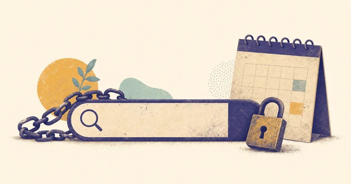 Abstract editorial illustration: an old dusty search bar with link chains, a closed padlock and a faded calendar