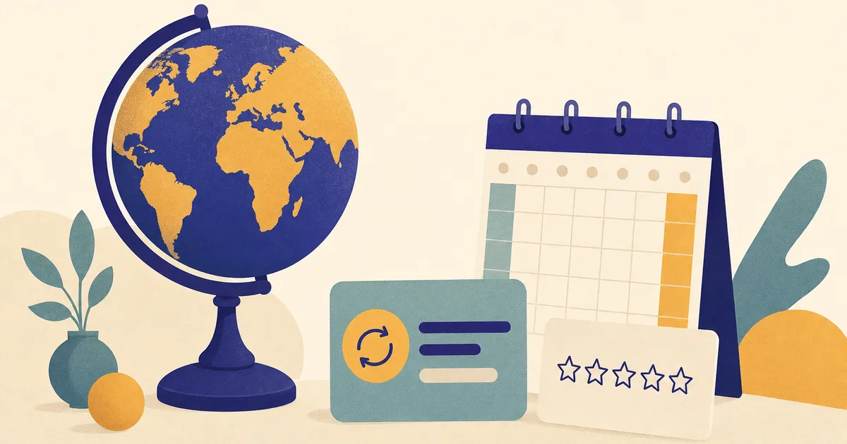 Abstract editorial illustration: a globe on a stand beside a calendar page with a monthly subscription card and an empty star rating card