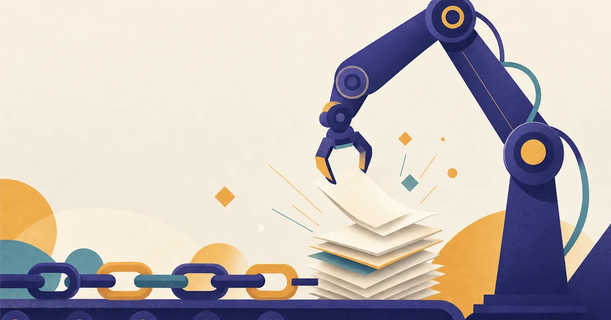 Abstract editorial illustration: an abstract robot-arm shaped tool assembling paper pages, sparks of geometric light, with chain links on a conveyor