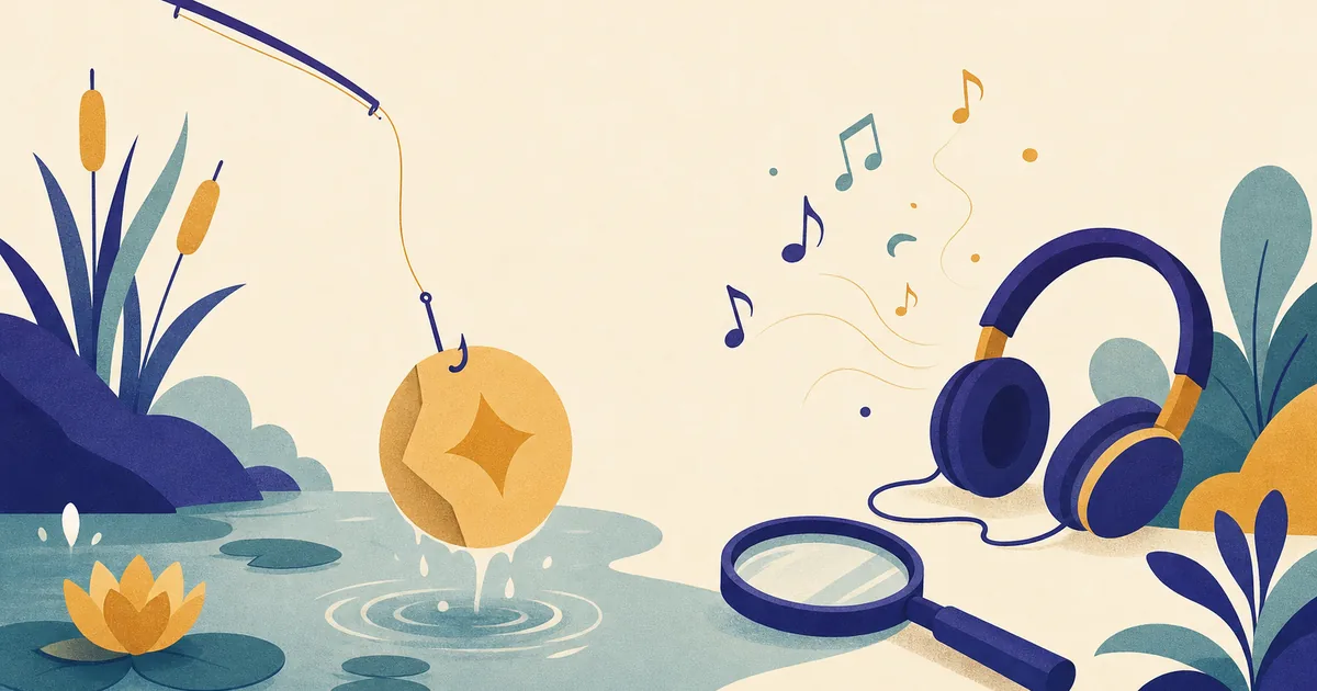 Abstract editorial illustration: a fishing line hooking a paper coin shape out of a pond, with a magnifying glass nearby, with music notes and headphones