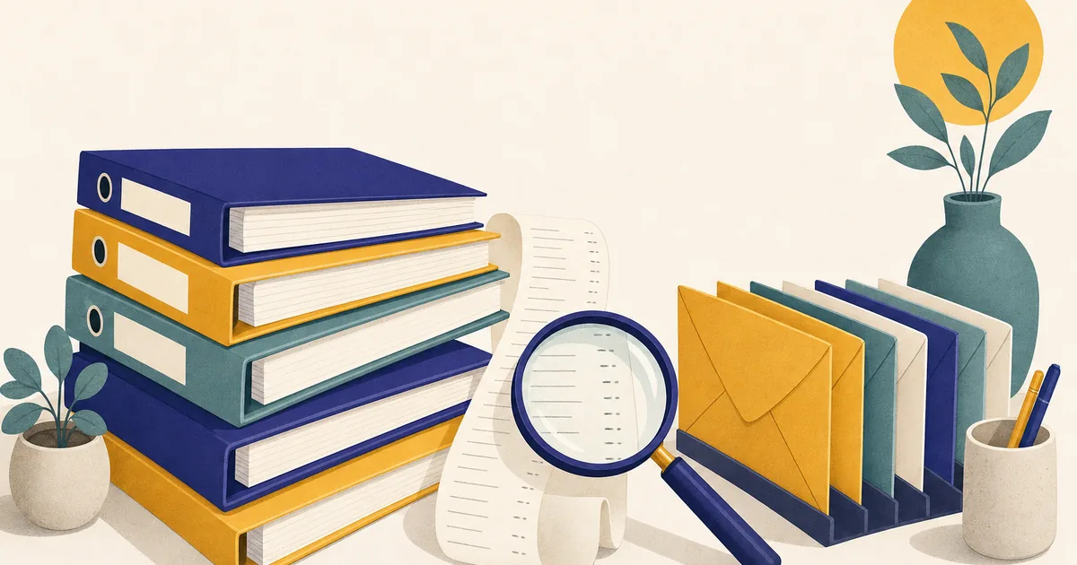 Abstract editorial illustration: a stack of course binders on a desk with a magnifying glass over a long receipt, with envelopes in a neat row