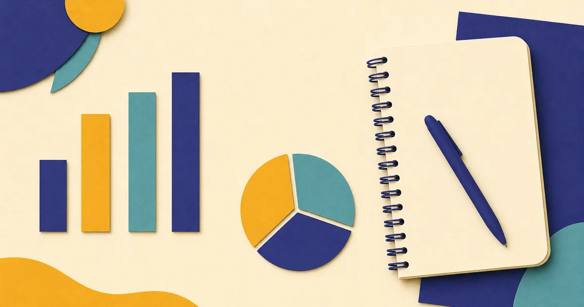 Abstract editorial illustration: abstract bar and pie chart shapes made of paper cutouts beside a notebook