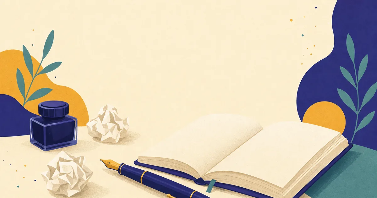 Abstract editorial illustration: a fountain pen, crumpled paper drafts and an open notebook