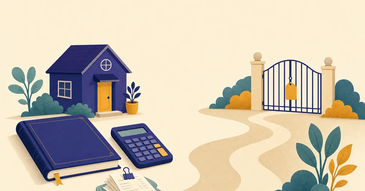 Abstract editorial illustration: a tidy ledger book, calculator, stack of receipts and a small house-shaped office, with a gentle path leading to a closed gate with a price tag