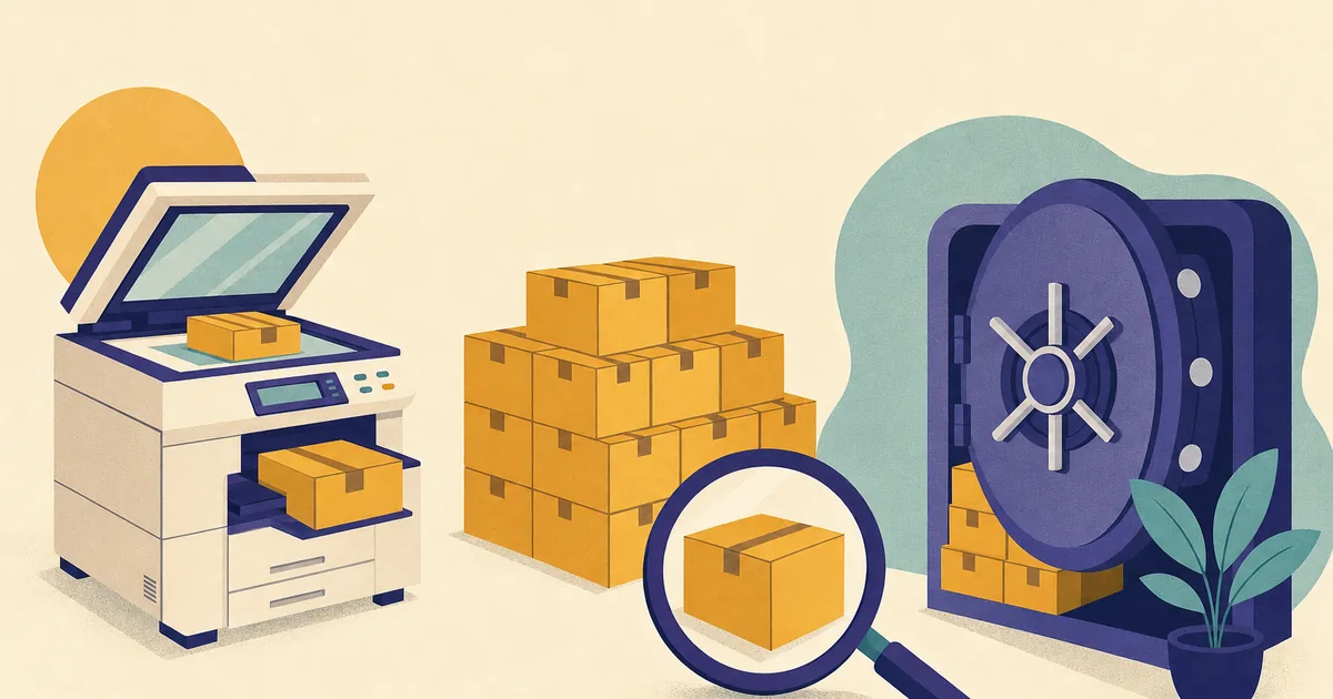 Abstract editorial illustration: a stack of identical generic boxes being copied by a photocopier, a magnifying glass, with a vault door