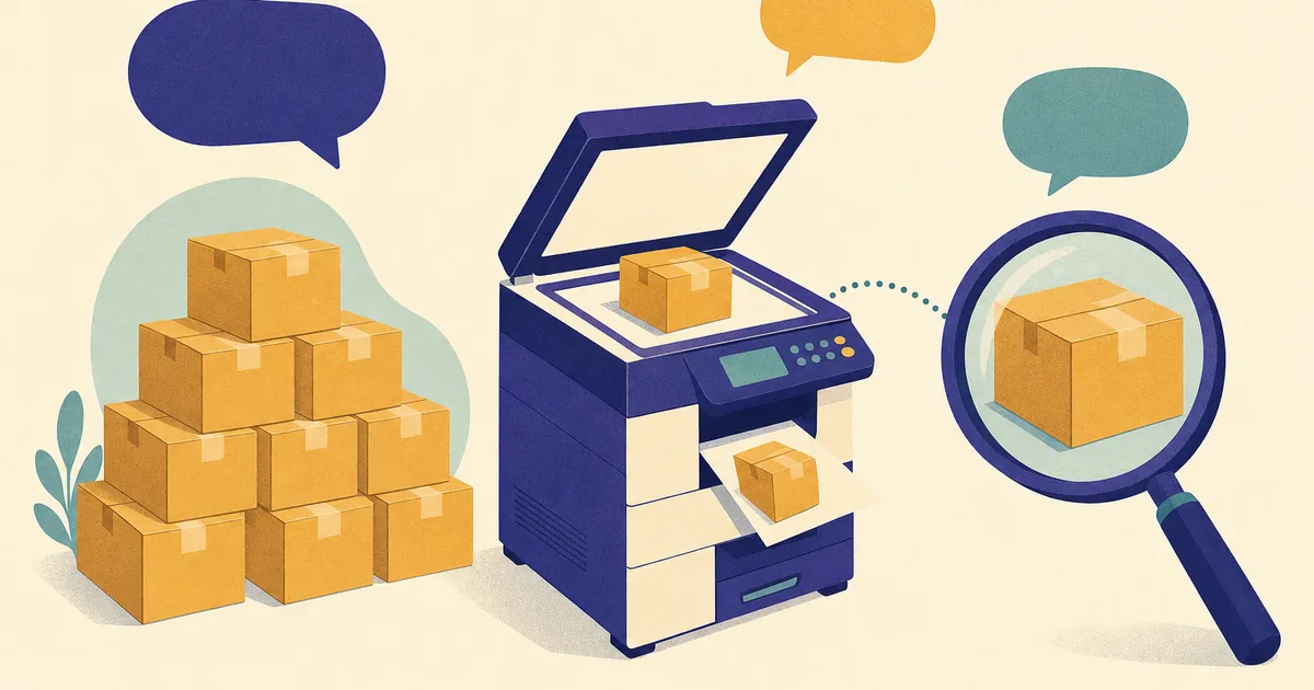 Abstract editorial illustration: a stack of identical generic boxes being copied by a photocopier, a magnifying glass, with speech bubbles