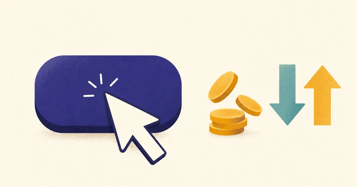 Abstract editorial illustration: a cursor arrow clicking a large button, with small coins and a downward and upward arrow pair beside it