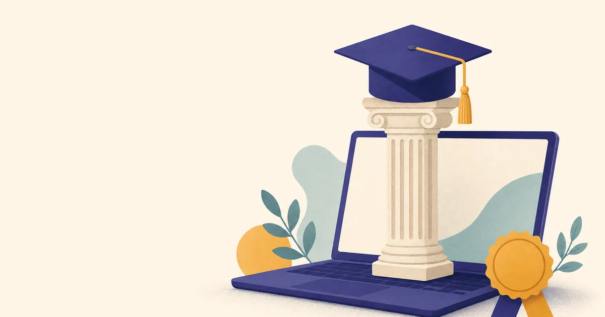 Abstract editorial illustration: a university-style column and graduation cap resting on an open laptop, with certificate ribbon shapes