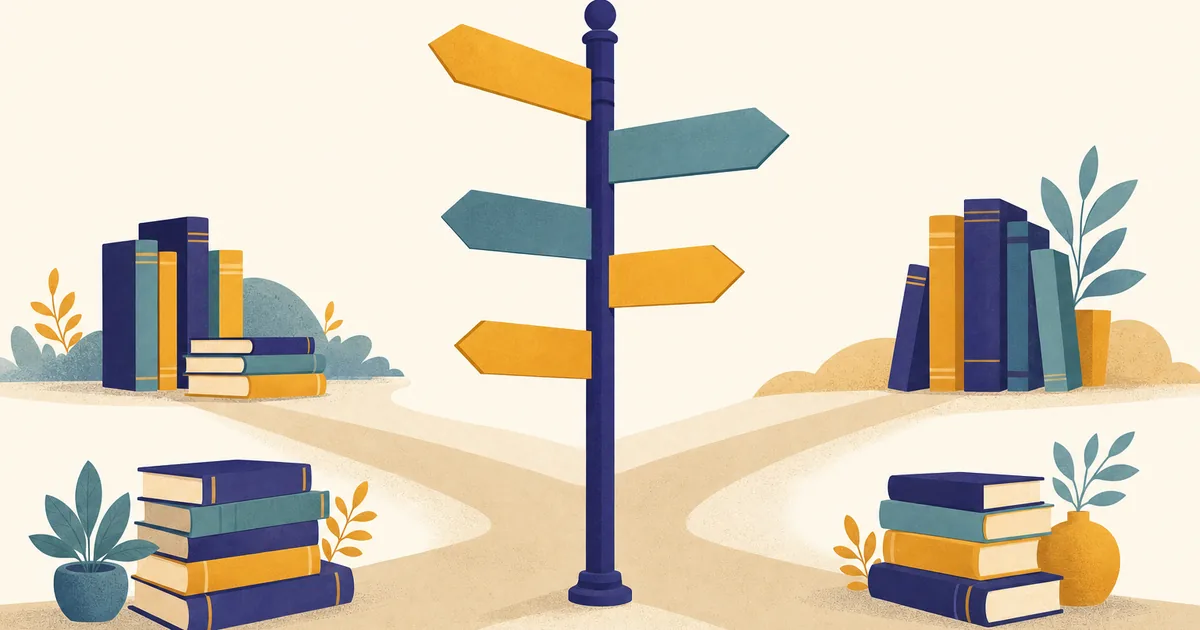 Abstract editorial illustration: a crossroads signpost with several blank arrow signs pointing to different book stacks