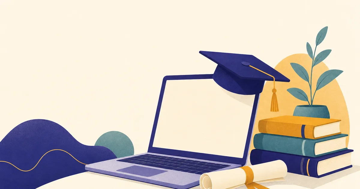 Abstract editorial illustration: an open laptop with a graduation cap and a rolled certificate, books stacked