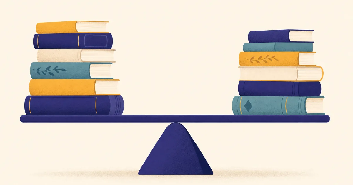 Abstract editorial illustration: two distinct stacks of books facing each other on a balance beam