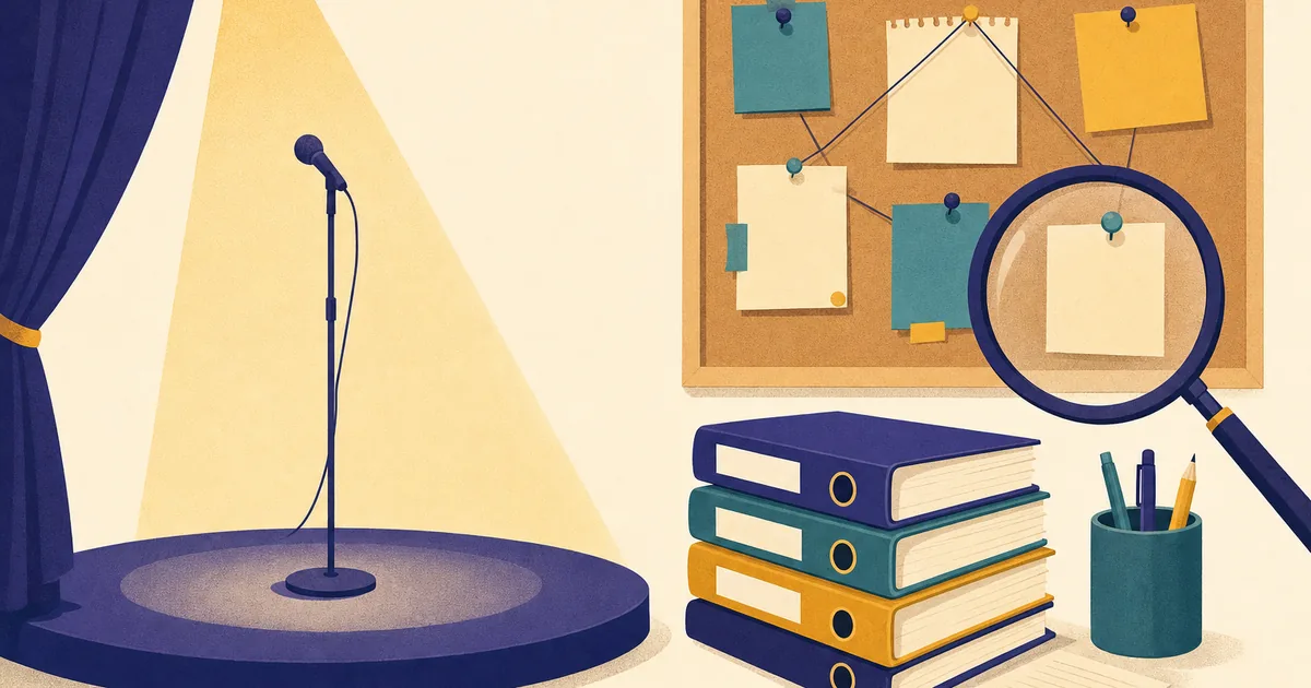 Abstract editorial illustration: a spotlight stage with an empty microphone stand, a stack of course binders and a magnifying glass over notes pinned on a corkboard