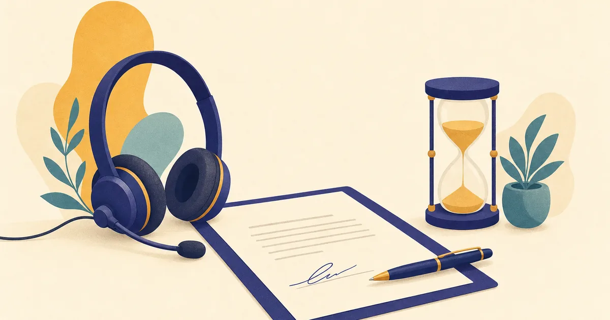 Abstract editorial illustration: a telephone headset, a signed contract with a pen and a small hourglass