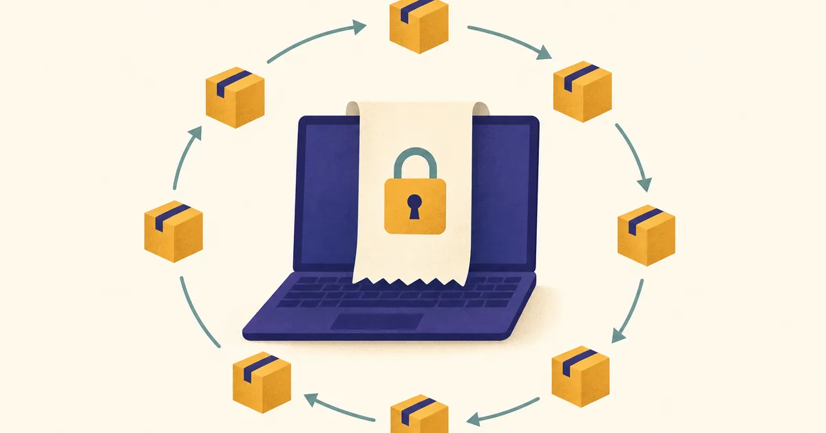 Abstract editorial illustration: a laptop with a looping arrow of identical small boxes circling around it, a padlock on a receipt