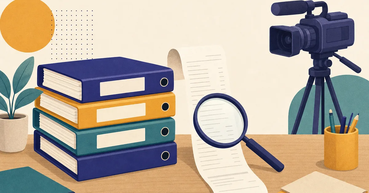 Abstract editorial illustration: a stack of course binders on a desk with a magnifying glass over a long receipt, with a video camera on a tripod