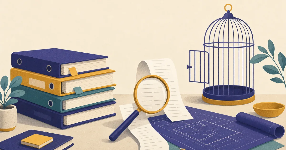 Abstract editorial illustration: a stack of course binders on a desk with a magnifying glass over a long receipt, with a blueprint and an open birdcage