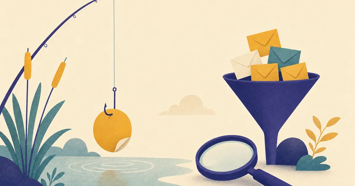 Abstract editorial illustration: a fishing line hooking a paper coin shape out of a pond, with a magnifying glass nearby, with a funnel with envelopes
