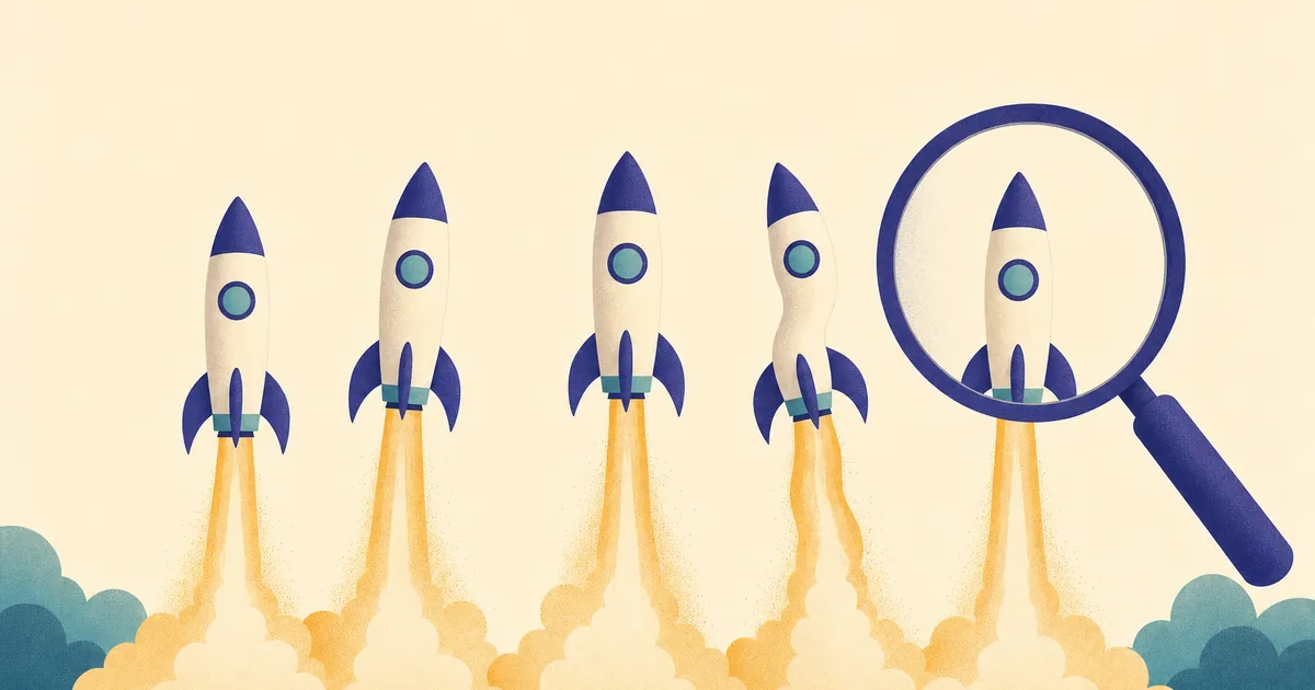 Abstract editorial illustration: five similar rocket shapes launching side by side, some wobbling, a magnifying glass
