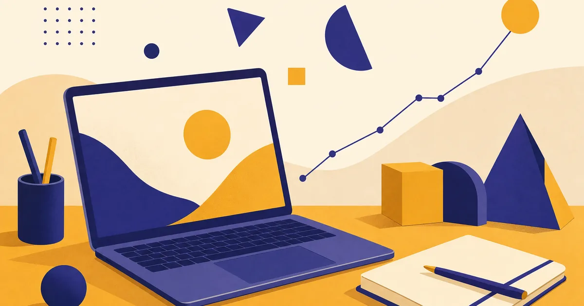 Abstract editorial illustration: a laptop on a desk surrounded by a notebook, pencils and abstract geometric shapes with a rising line