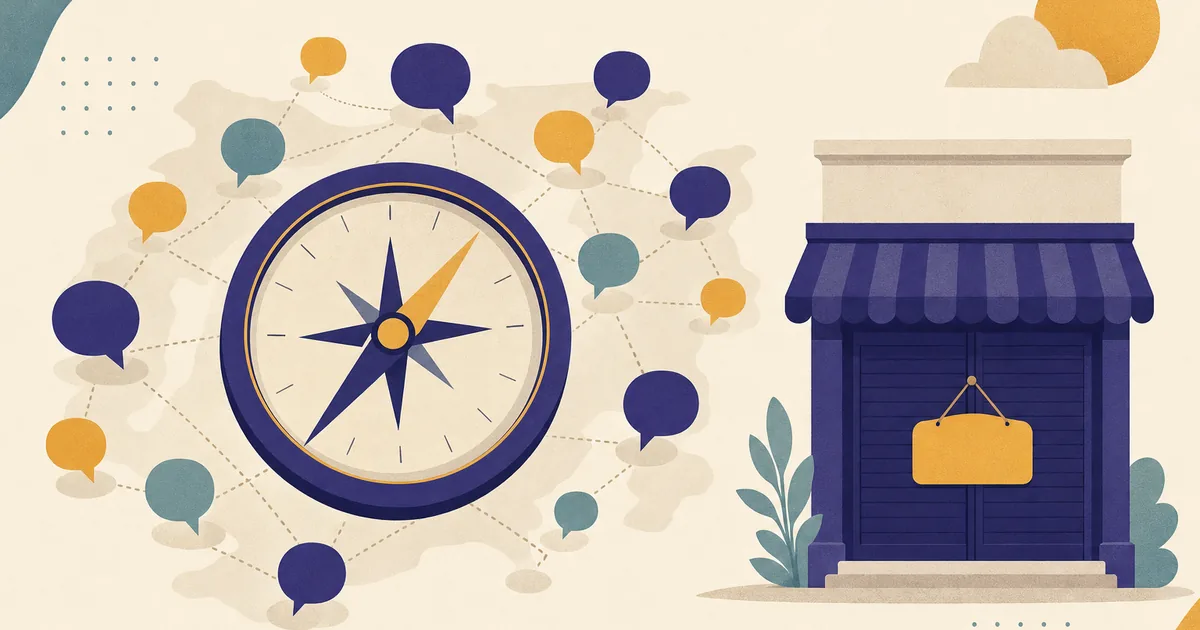 Abstract editorial illustration: an abstract compass over a map of connected social-media-like speech bubbles, a closed shop door with a hanging sign shape