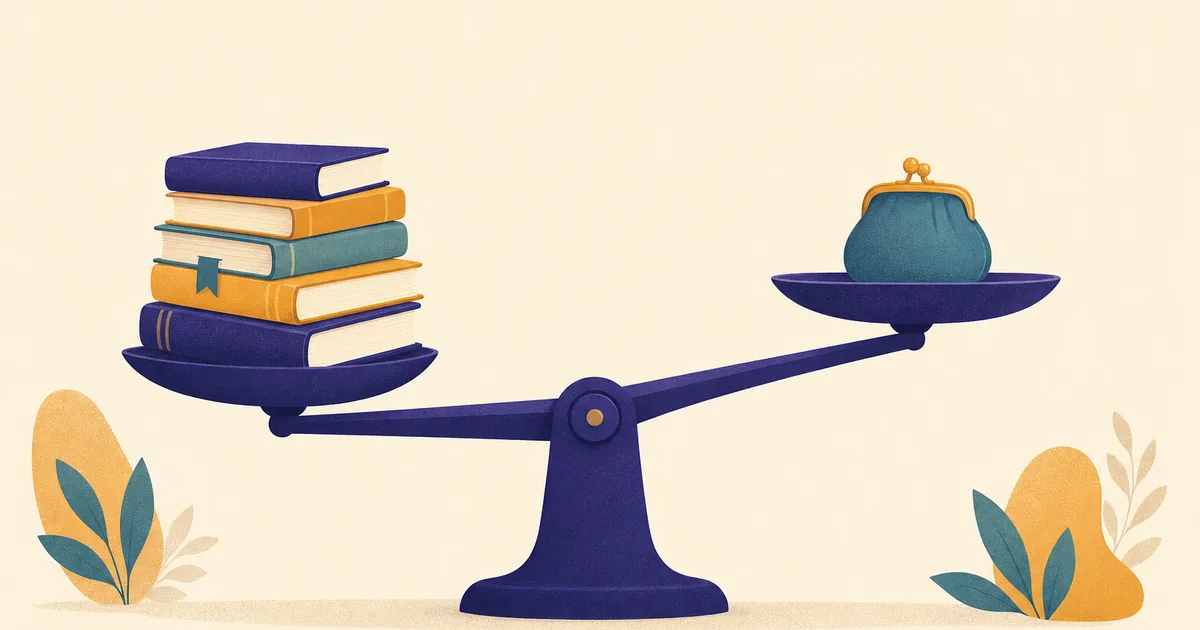 Abstract editorial illustration: a balance scale weighing a stack of course books against a single coin purse