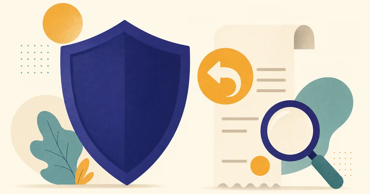 Abstract editorial illustration: a large shield shape and a receipt with a return arrow, a magnifying glass