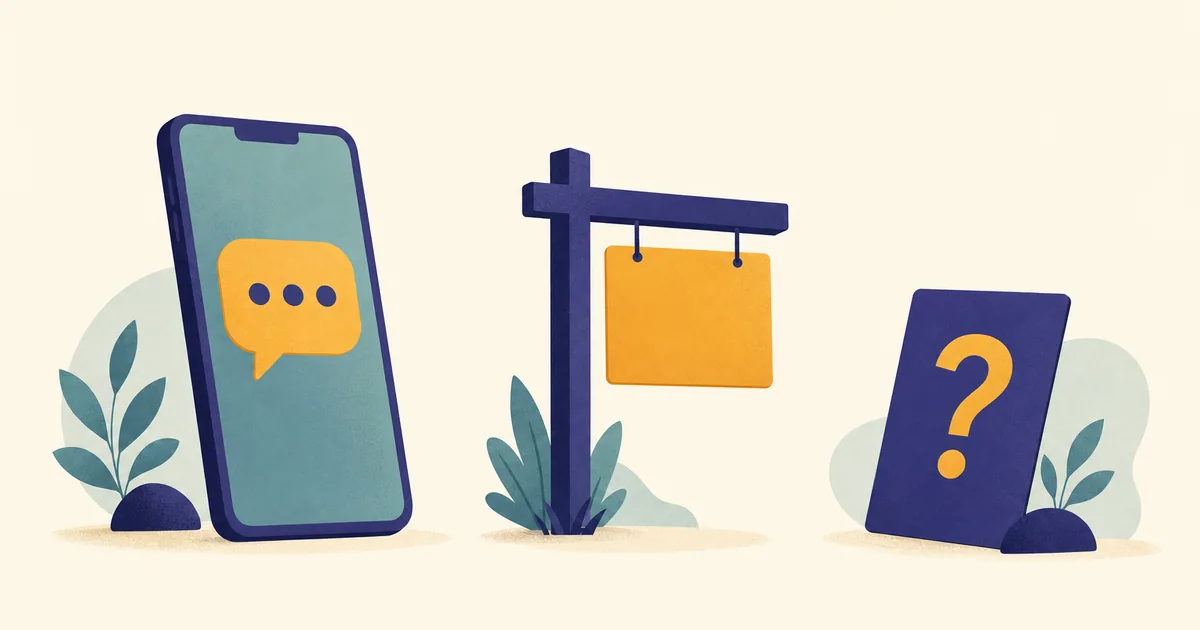 Abstract editorial illustration: a smartphone showing a chat bubble, a for-sale sign on a small signpost and a question-mark card