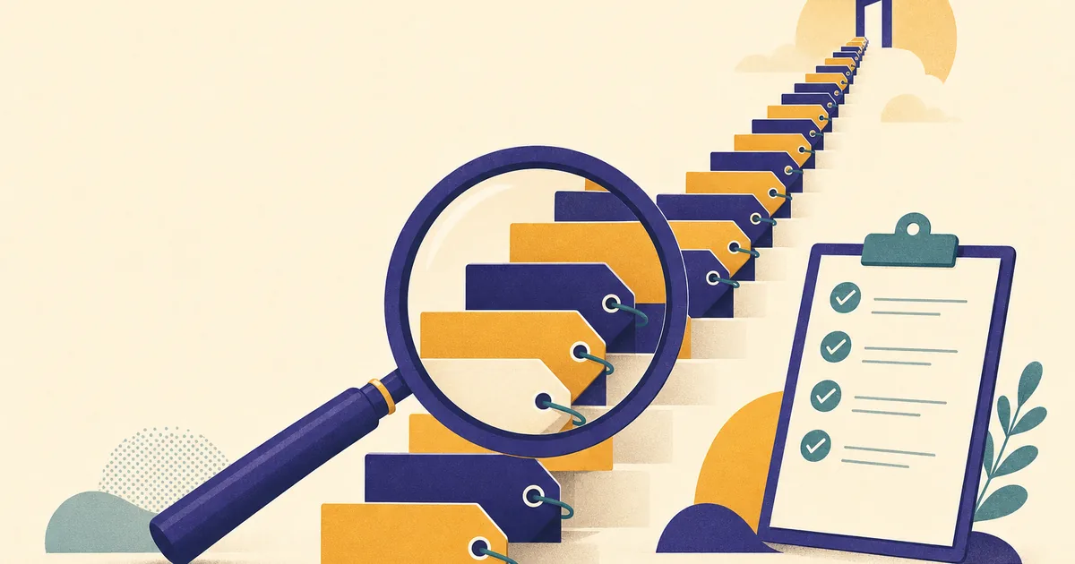Abstract editorial illustration: a magnifying glass examining a long staircase of stacked price tags leading upward, a clipboard checklist beside it