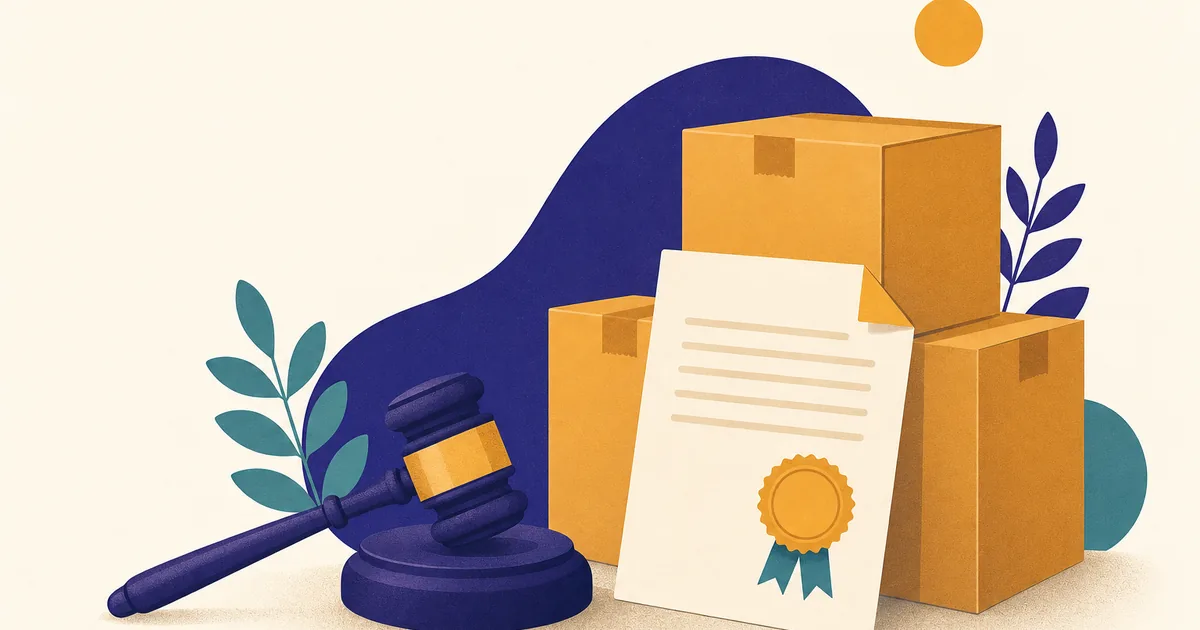 Abstract editorial illustration: cardboard shipping boxes, a gavel and a document with an official seal