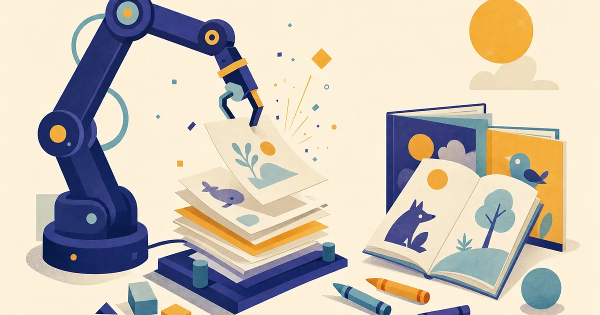Abstract editorial illustration: an abstract robot-arm shaped tool assembling paper pages, sparks of geometric light, with children's picture books and crayons