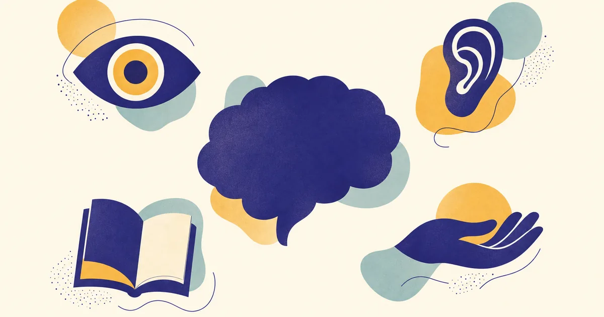 Abstract editorial illustration: four abstract symbols for eye, ear, book and hand arranged around a brain-shaped cloud
