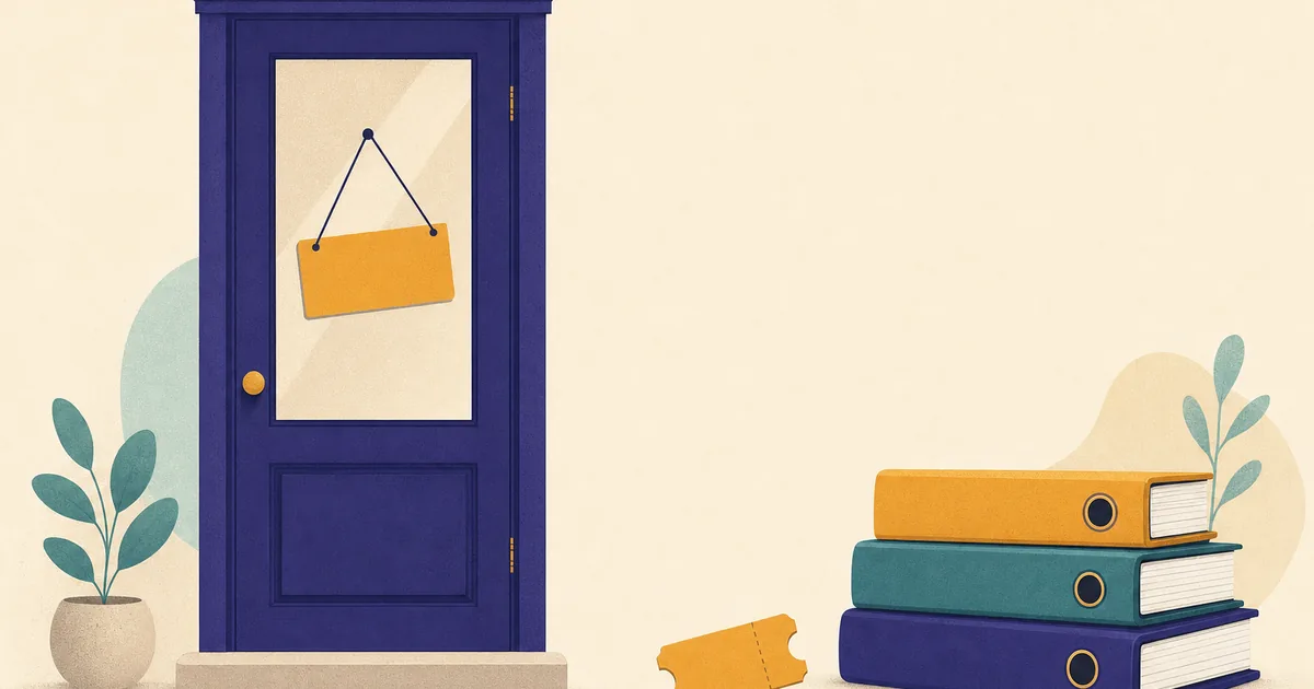 Abstract editorial illustration: a closed shop door with a hanging sign, a small ticket stub and a stack of course binders