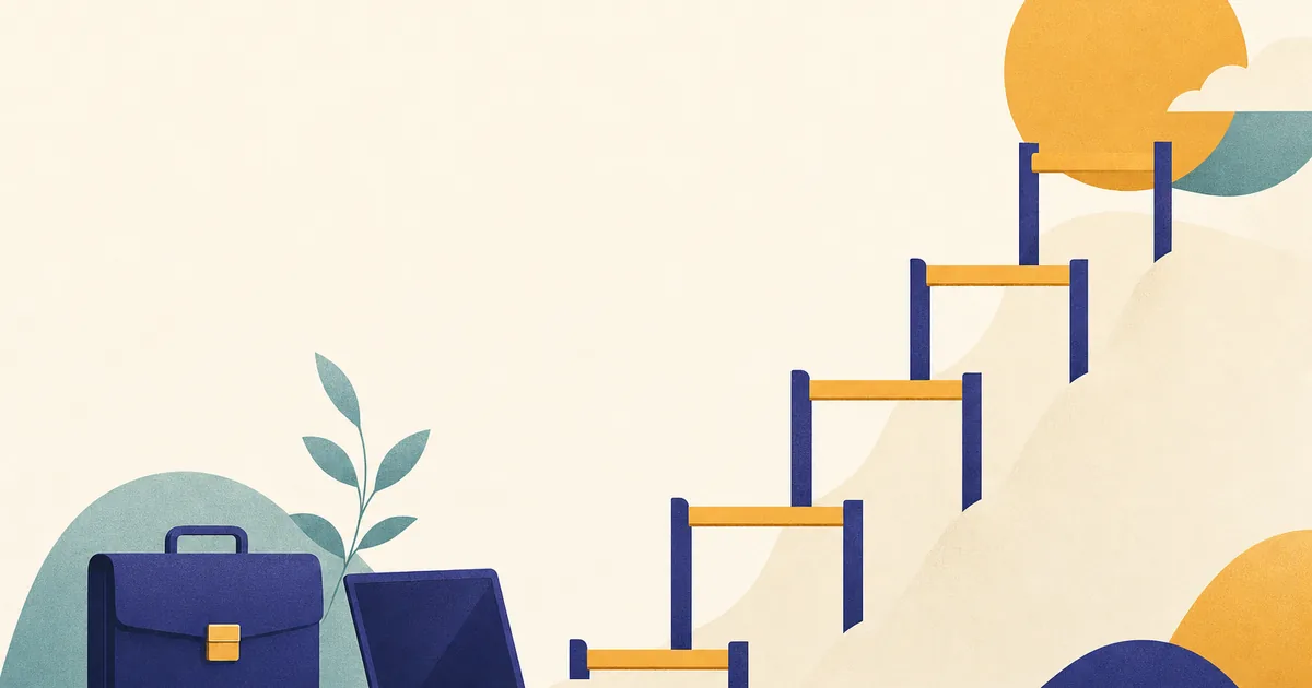 Abstract editorial illustration: a briefcase, a laptop and ladder rungs representing career progression