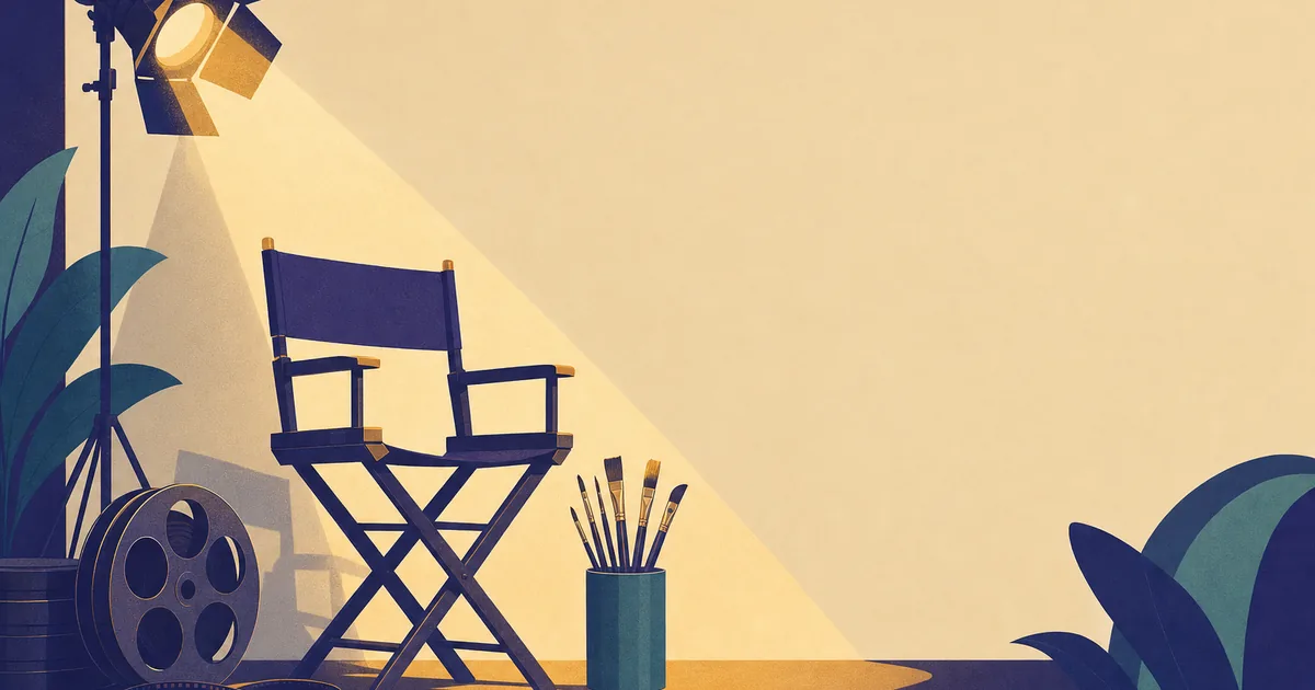 Abstract editorial illustration: a theatre-style spotlight on an empty director's chair, film reel and paint brushes, cinematic mood
