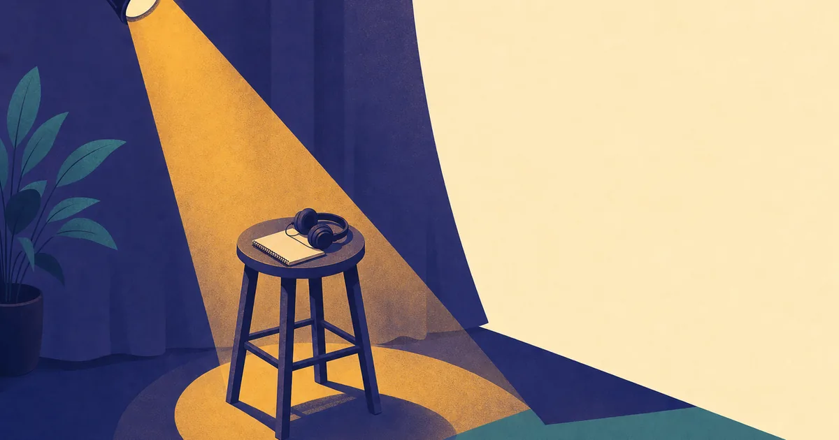 Abstract editorial illustration: a dimly lit stage with a spotlight on an empty stool, a notebook and headphones