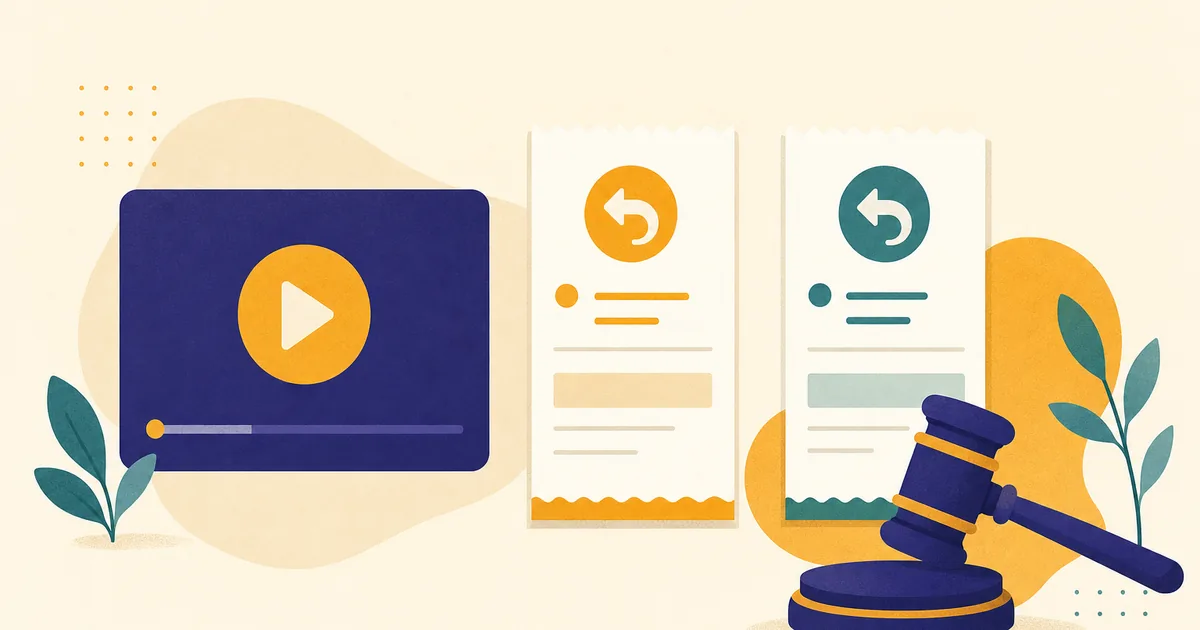 Abstract editorial illustration: a video play button screen, two different refund receipts side by side and a gavel