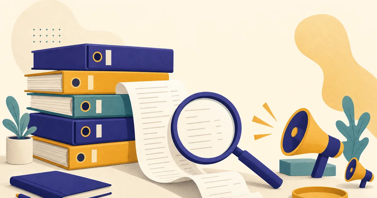 Abstract editorial illustration: a stack of course binders on a desk with a magnifying glass over a long receipt, with small megaphones