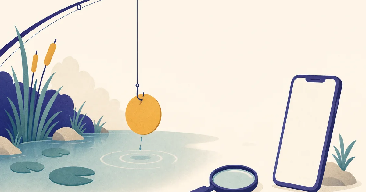 Abstract editorial illustration: a fishing line hooking a paper coin shape out of a pond, with a magnifying glass nearby, with a smartphone silhouette with a blank screen