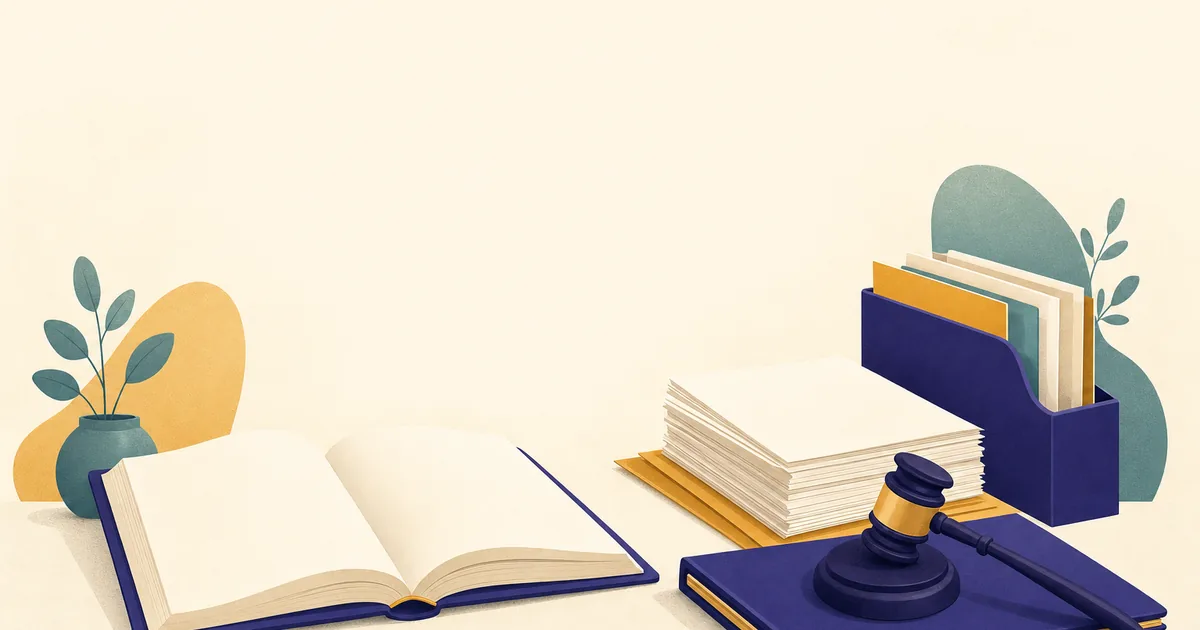 Abstract editorial illustration: an open hardcover book with blank pages beside a stack of paper and a gavel resting on a closed folder